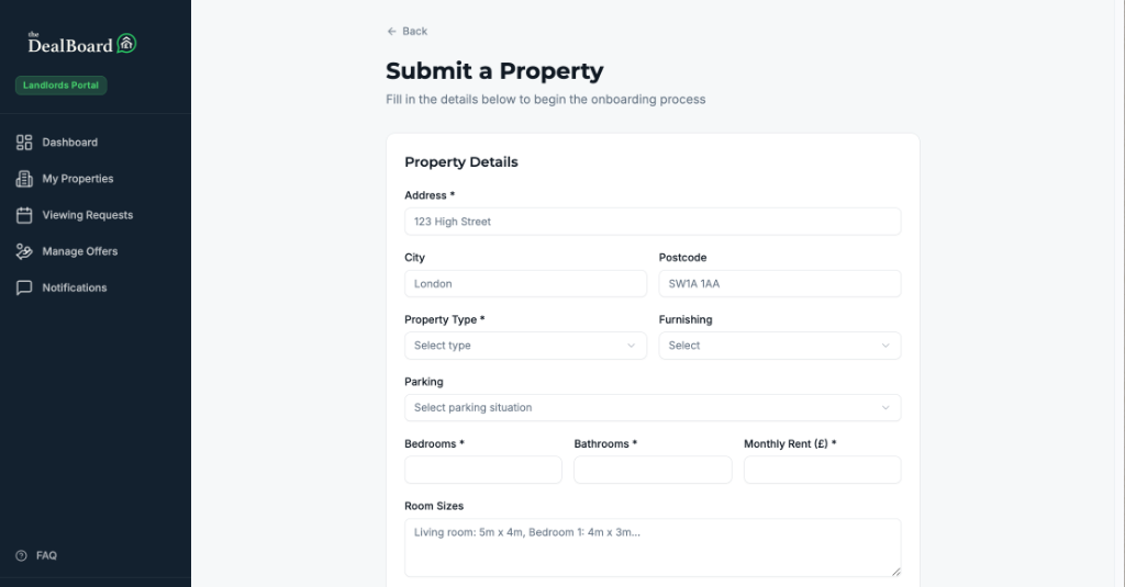 Submit a Property Dashboard