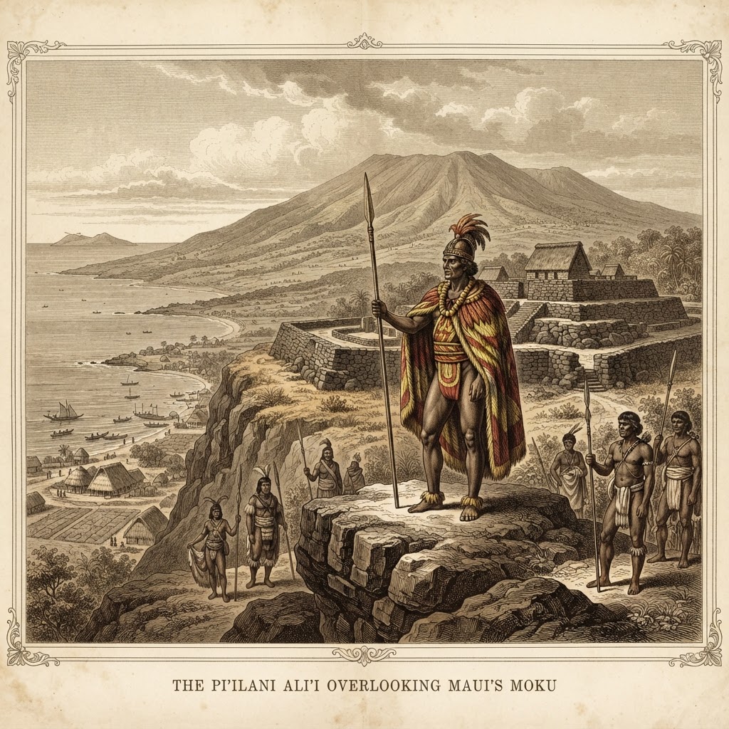 Historical illustration of a Maui ali'i of the Pi'ilani dynasty overlooking the Kihei coast
