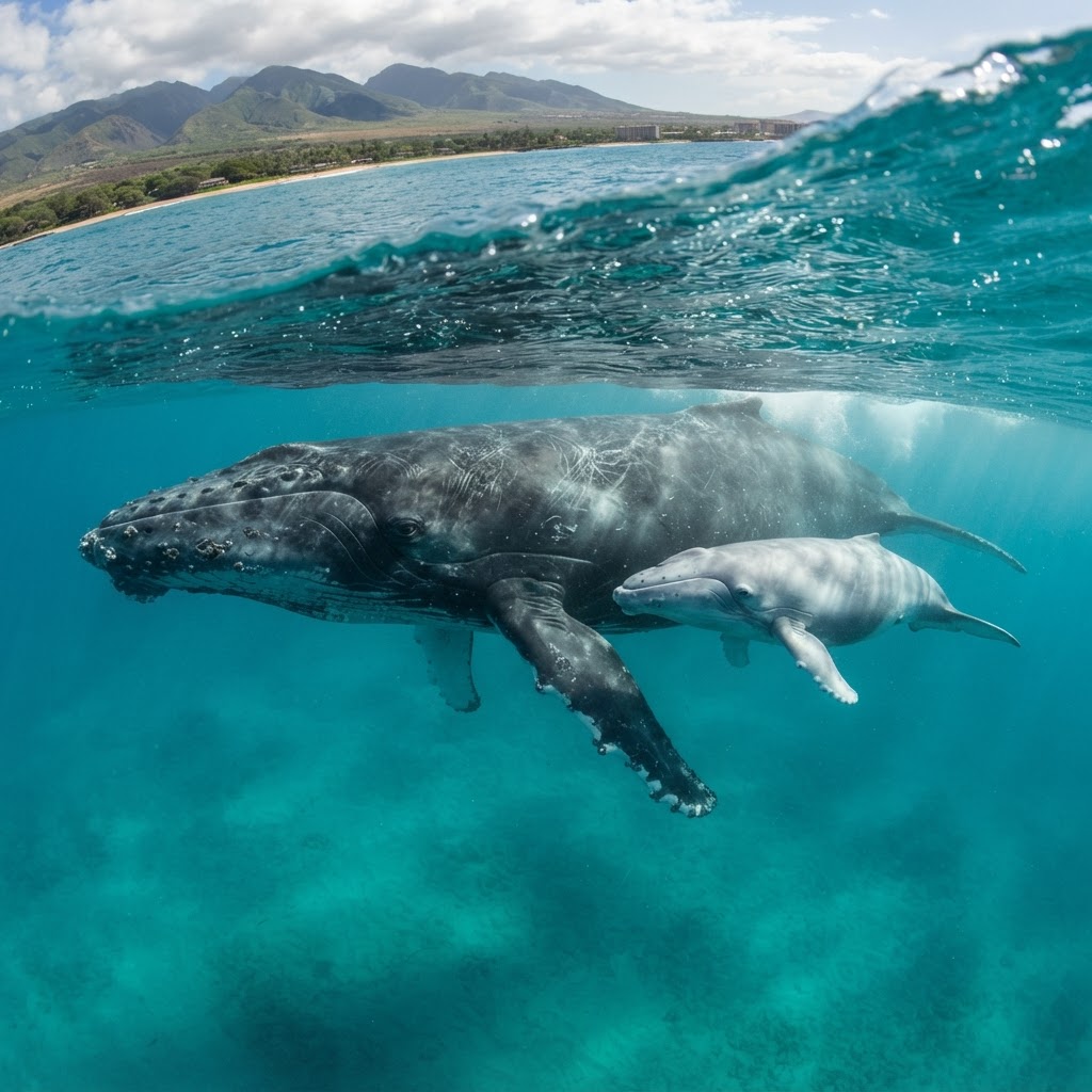Baby humpback whale calf swimming with its mother in Hawaiian waters