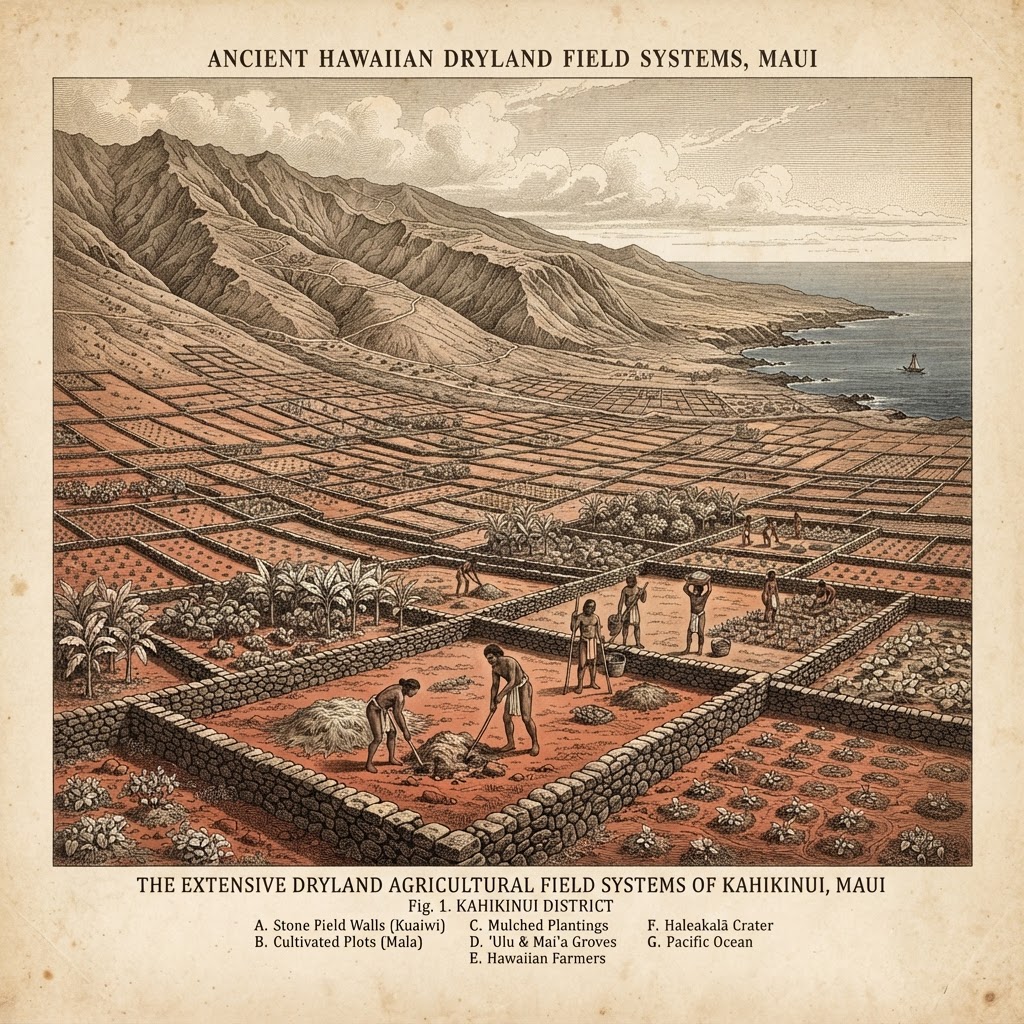 Historical illustration of Hawaiian dryland field systems on the leeward slopes of Maui, with stone walls and planting trails