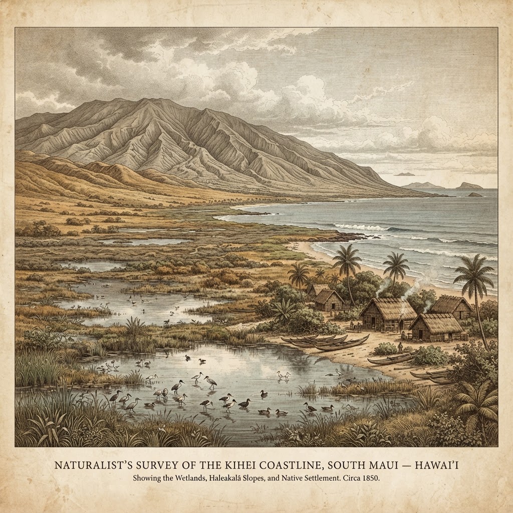 Historical illustration of the old Kihei coastline with wetlands and marshes before development