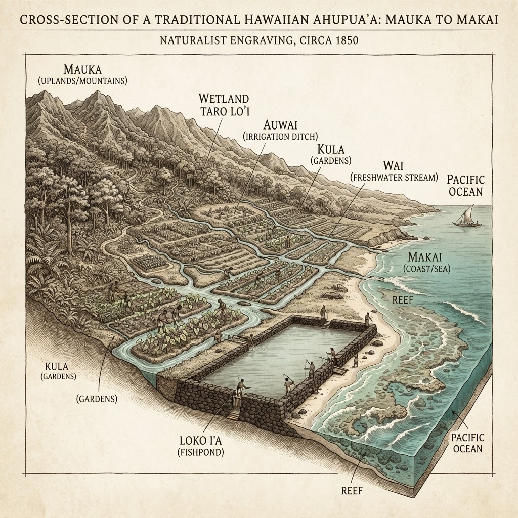 Historical illustration of an ahupua'a cross-section from mauka to makai