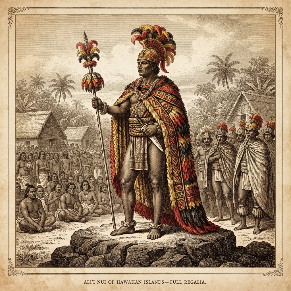 Historical illustration of a Hawaiian ali'i nui in a feather cloak and helmet before a gathering of chiefs and commoners