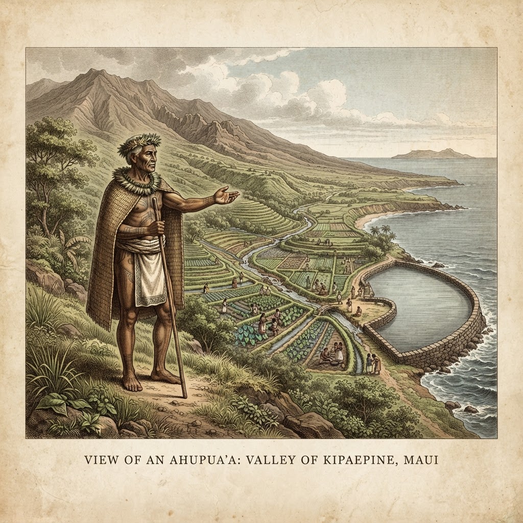 Historical illustration of a Hawaiian konohiki overseeing an ahupua'a watershed