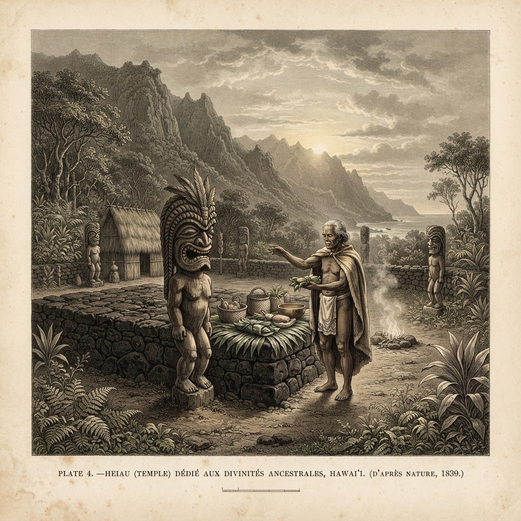 Historical illustration of a Hawaiian heiau at dawn with a kahuna performing a ritual offering