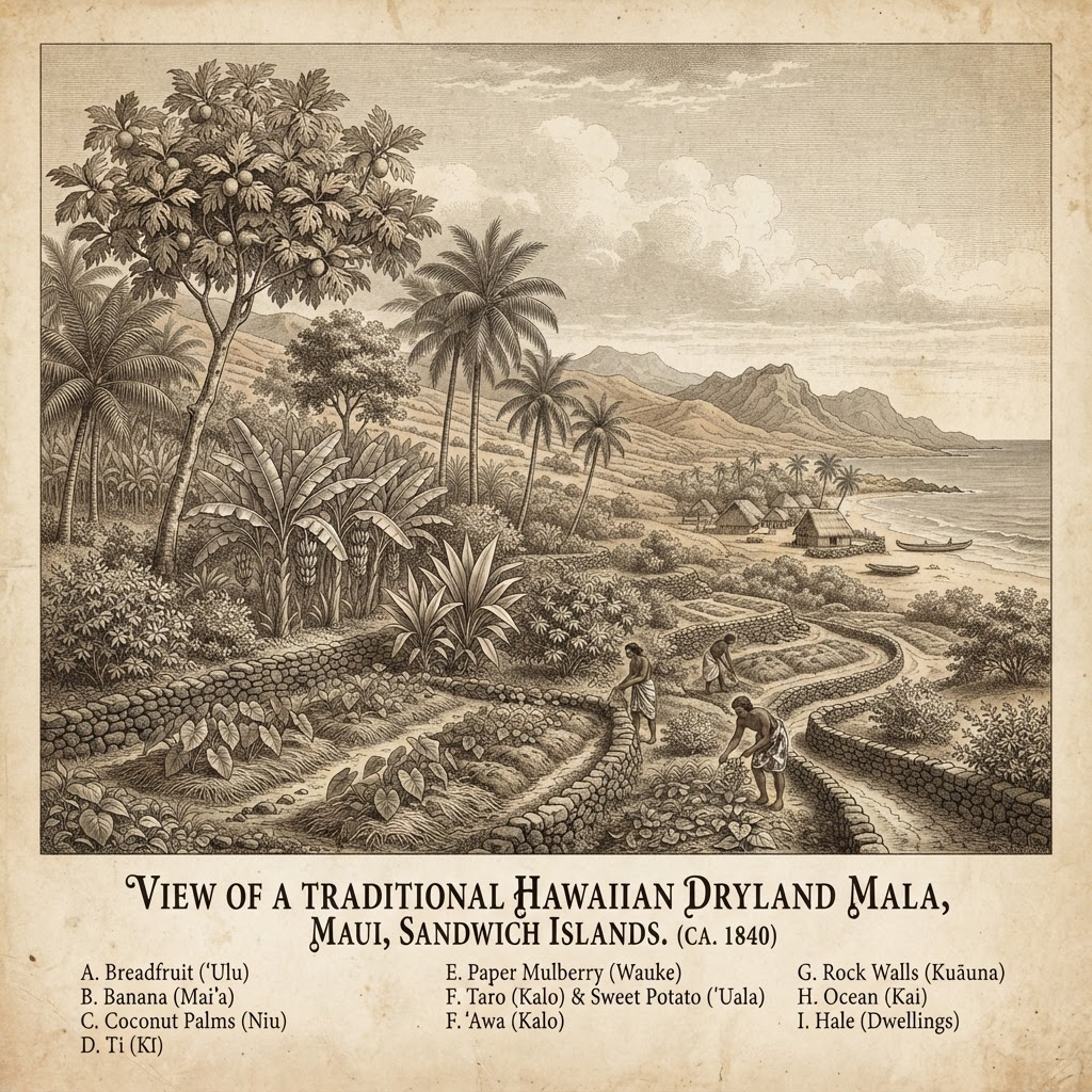 Historical illustration of a Hawaiian dryland companion planting food forest with breadfruit, banana, ti, and coconut