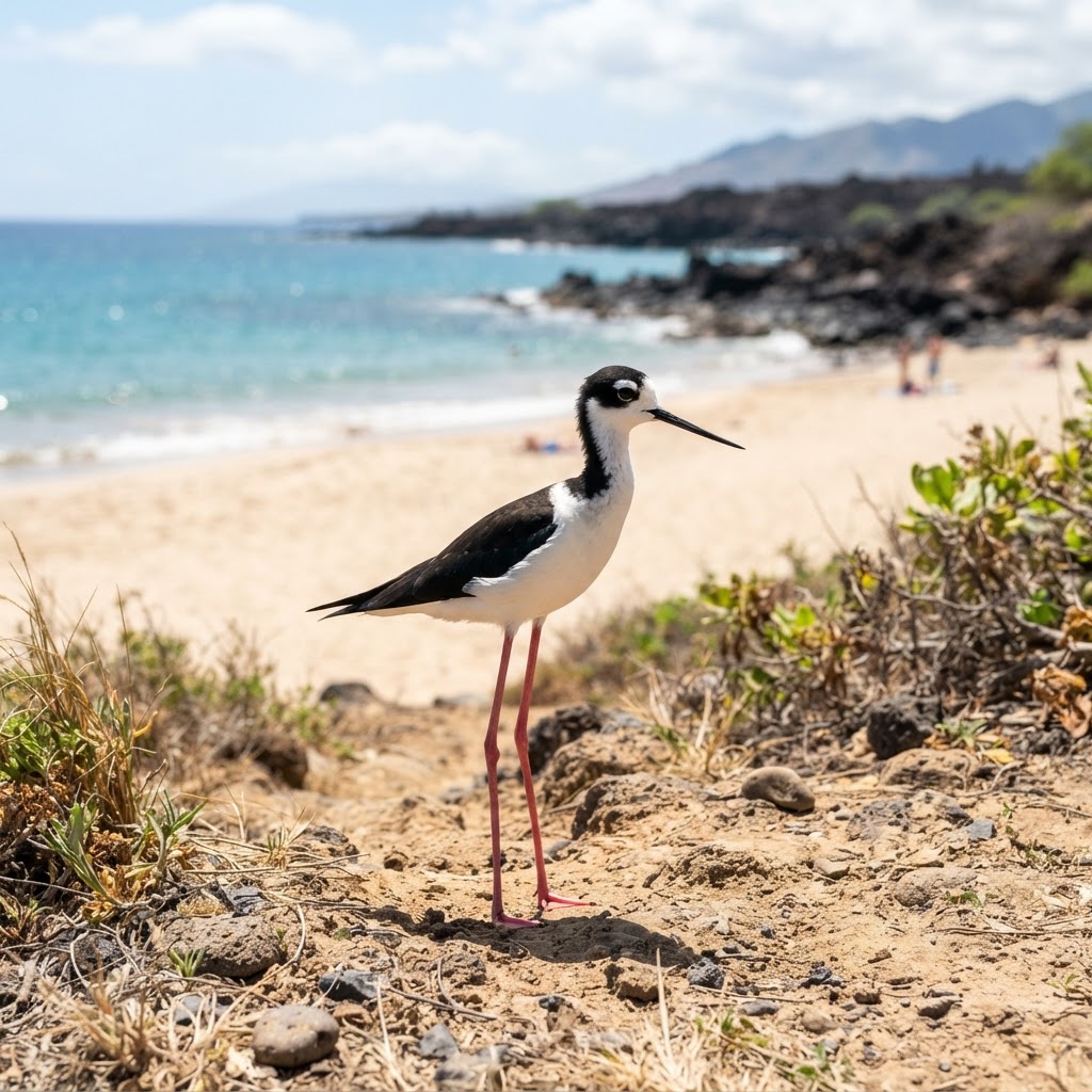 Hawaiian stilt (aeʻo) at Kamaole III beach and rocky coastline