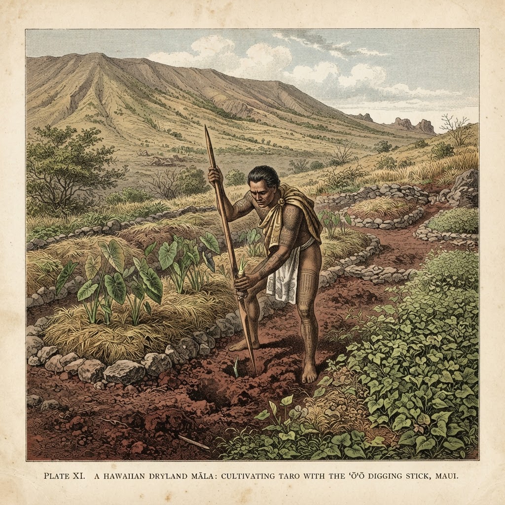 Historical illustration of a Hawaiian farmer using an ʻōʻō digging stick in a dryland māla garden