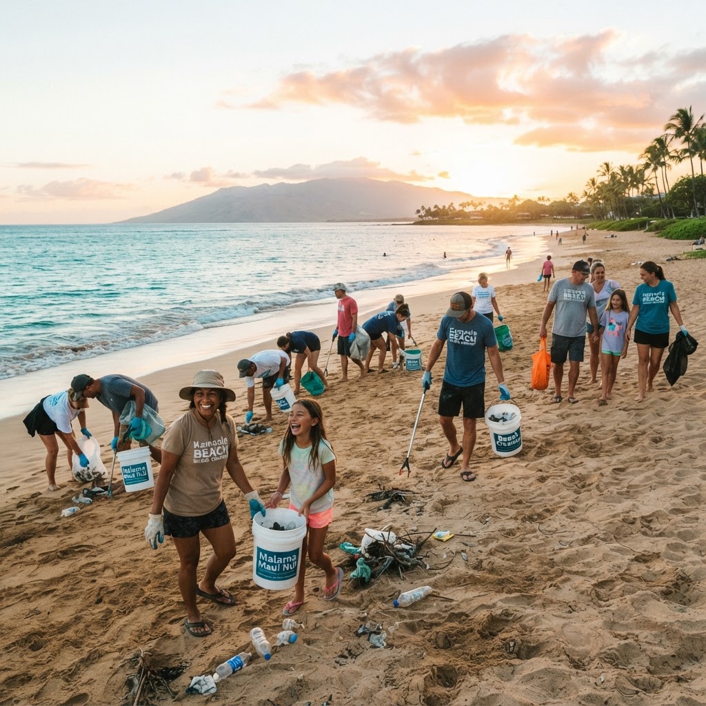 Community volunteers cleaning Kamaole 1 Beach at sunrise