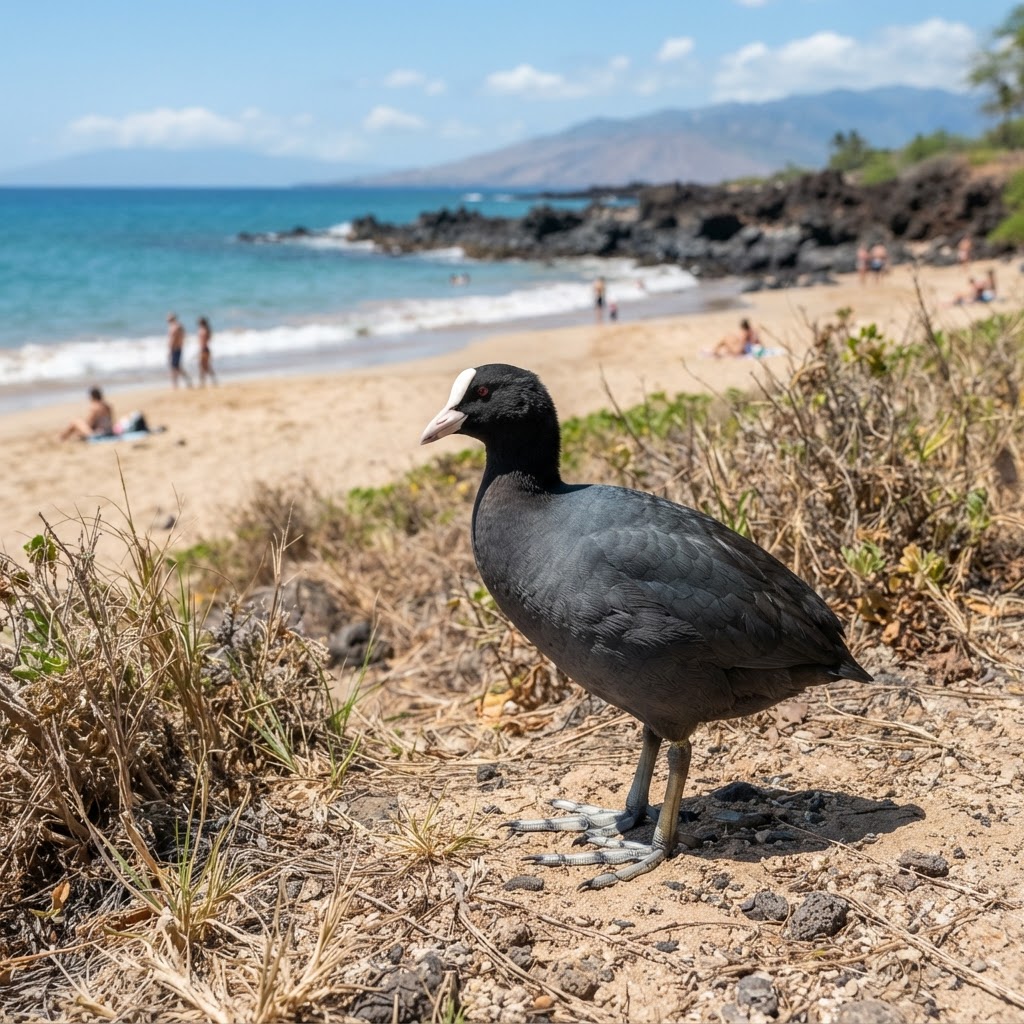 Hawaiian coot (ʻalae keʻokeʻo) at Kamaole III beach and rocky coastline