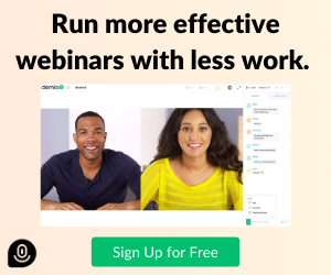 Demio live webinar interface with chat and polls
