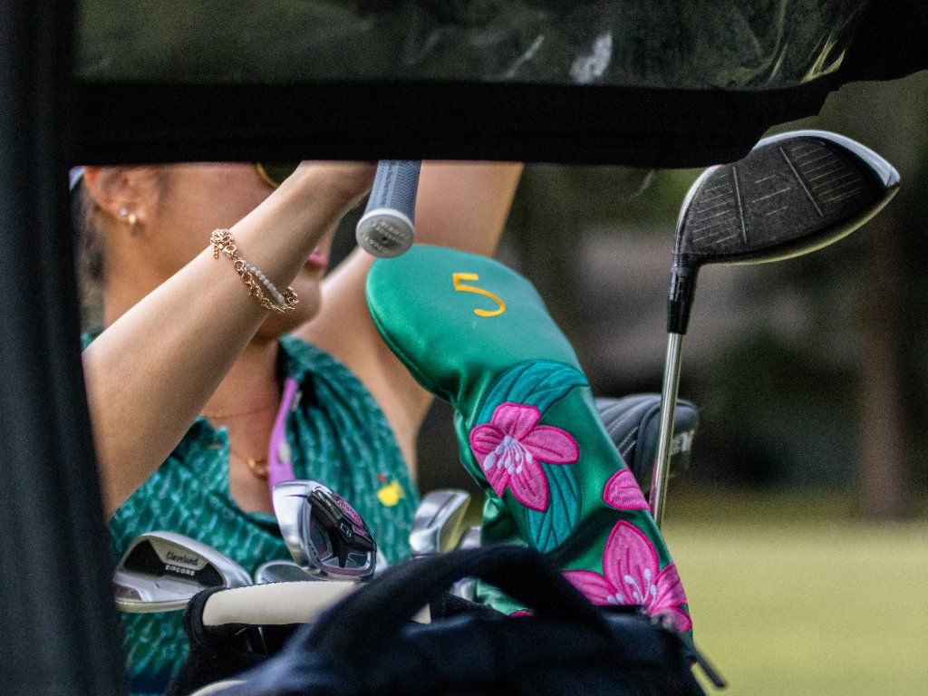 Close-up of golf clubs in a cart with decorative headcover
