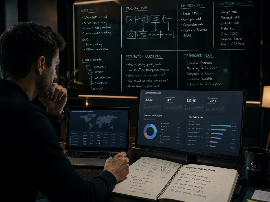 Digital transformation strategist reviewing business systems, performance data and operational opportunities.