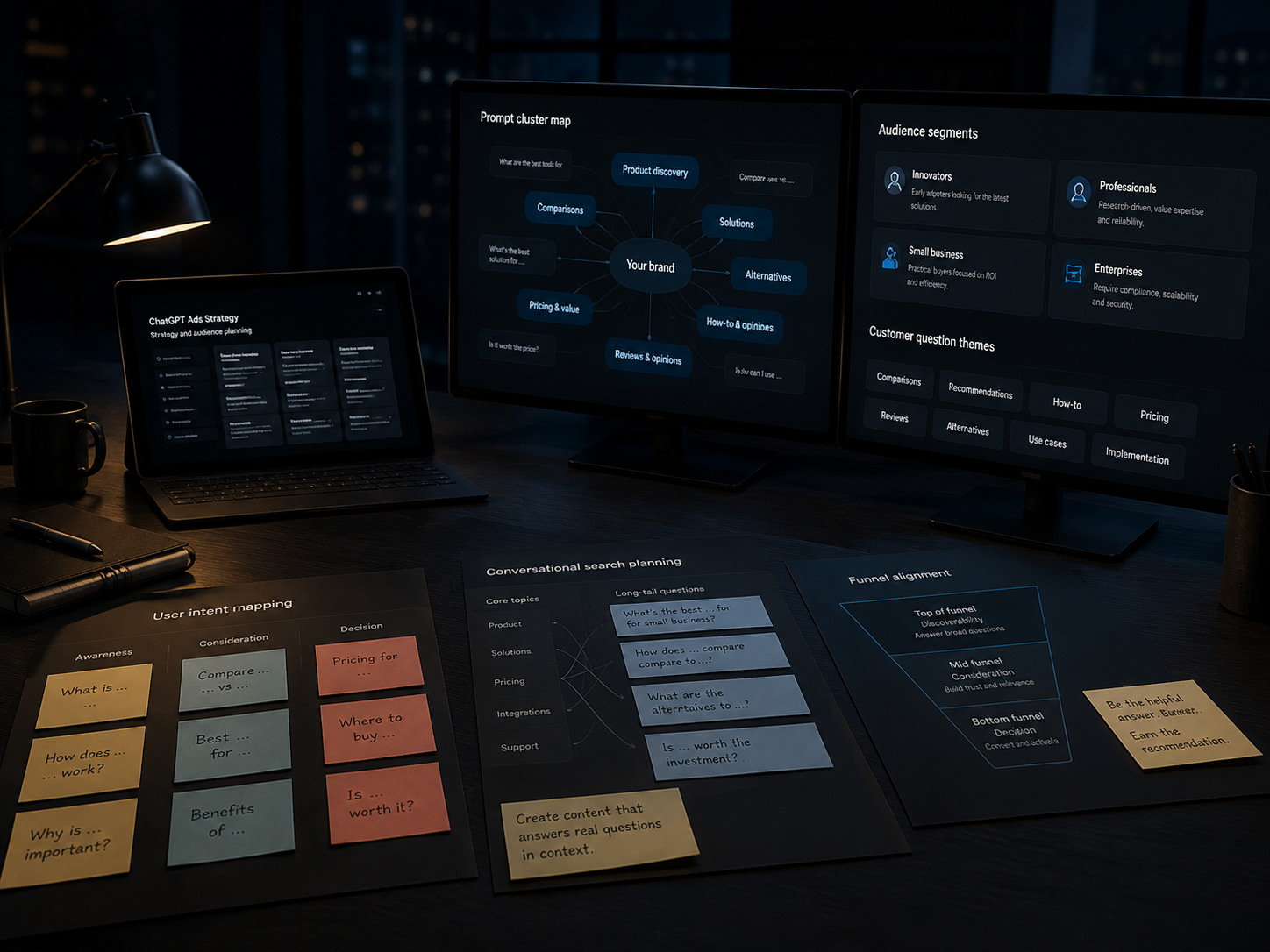 Workspace showing ChatGPT Ads prompt opportunities alongside GEO visibility signals, answer-ready content themes and AI search reporting.