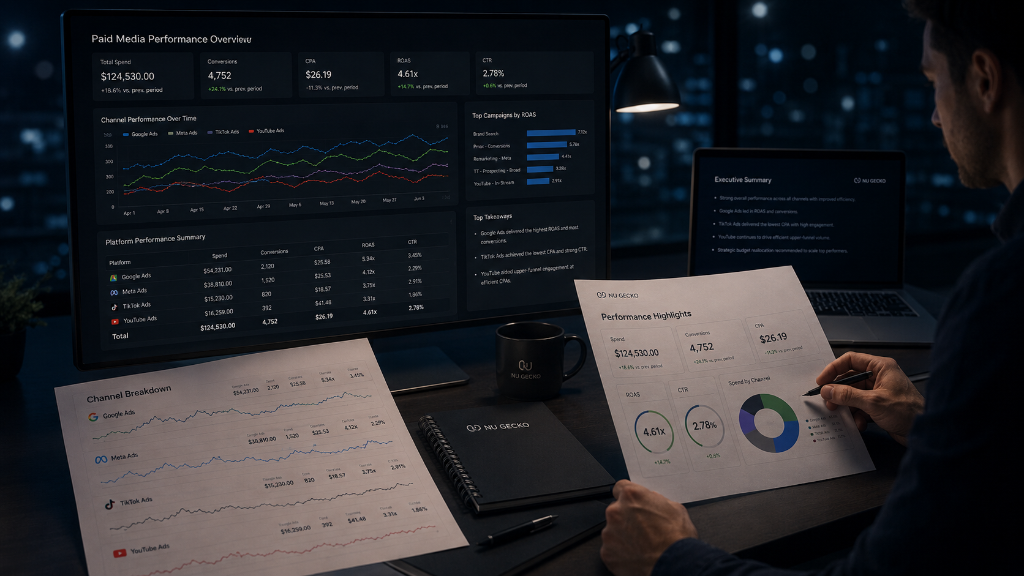 Paid media performance dashboard showing campaign spend, conversions, cost per lead and platform performance.