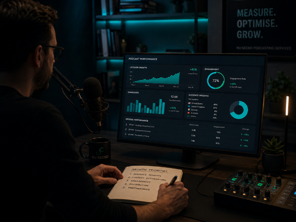 Podcast consultancy dashboard showing audience strategy, episode format planning, content performance and growth roadmap.