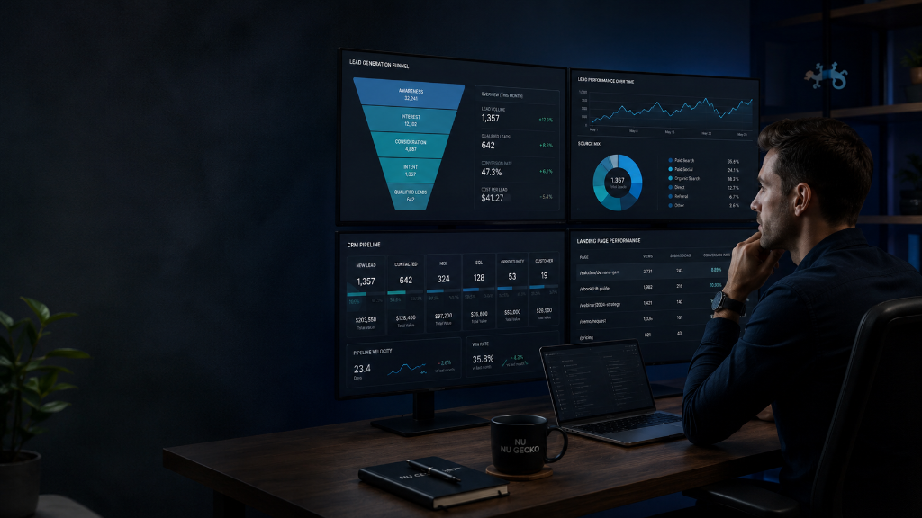 Lead generation dashboard showing campaign performance, lead quality, funnel stages and cost per qualified lead.