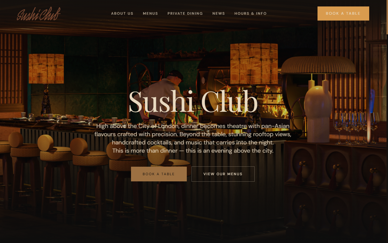 Sushi Club restaurant website homepage featuring a high-end, dark restaurant interior.