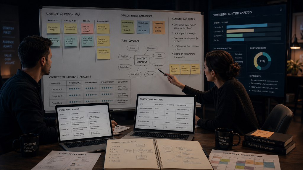 Content strategist reviewing website copy, campaign messaging and content planning notes.