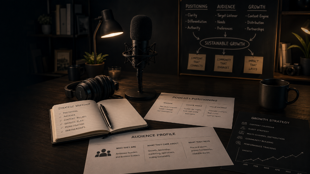 Podcast strategy dashboard showing episode planning, audience performance, content distribution and marketing insights.