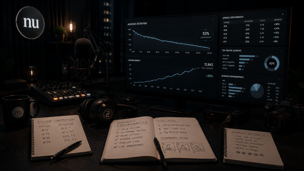 Podcast marketing performance dashboard showing episode reach, clip engagement, audience growth and paid promotion results.