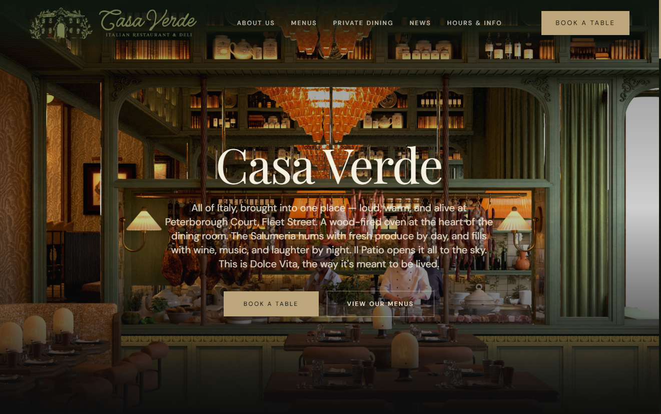 Casa Verde restaurant website homepage featuring a warm, dark-toned interior with green accents.