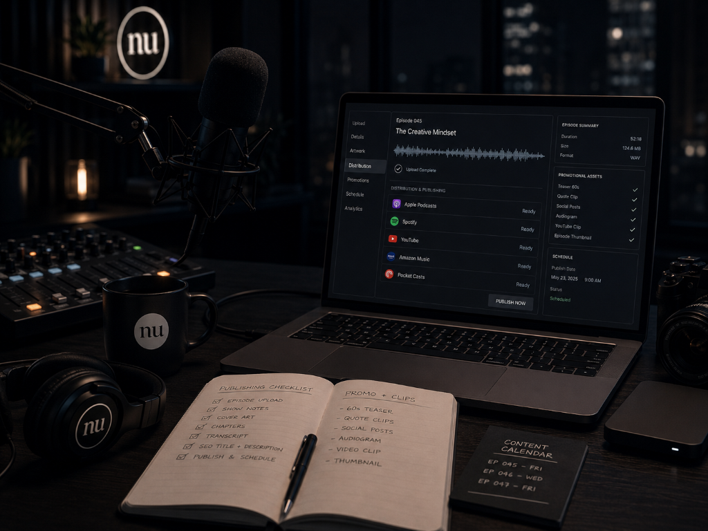Podcast production planning dashboard showing episode schedule, recording checklist, editing workflow and content outputs.