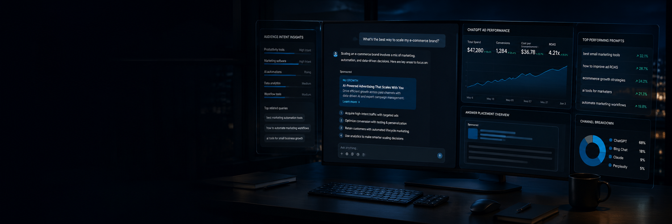 Dark cinematic ChatGPT Ads hero showing a ChatGPT-style prompt interface, sponsored result, search intent signals and performance panels.