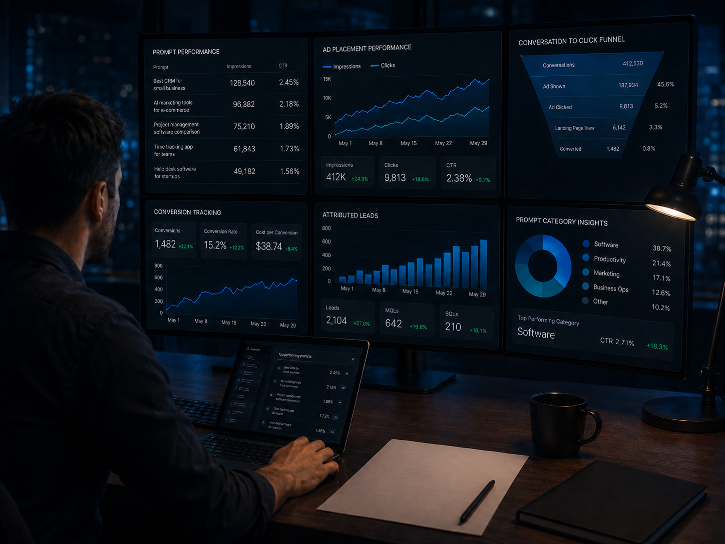 Dark ChatGPT Ads reporting workspace showing prompt performance, sponsored placement metrics, conversion paths, source quality and campaign outcomes.