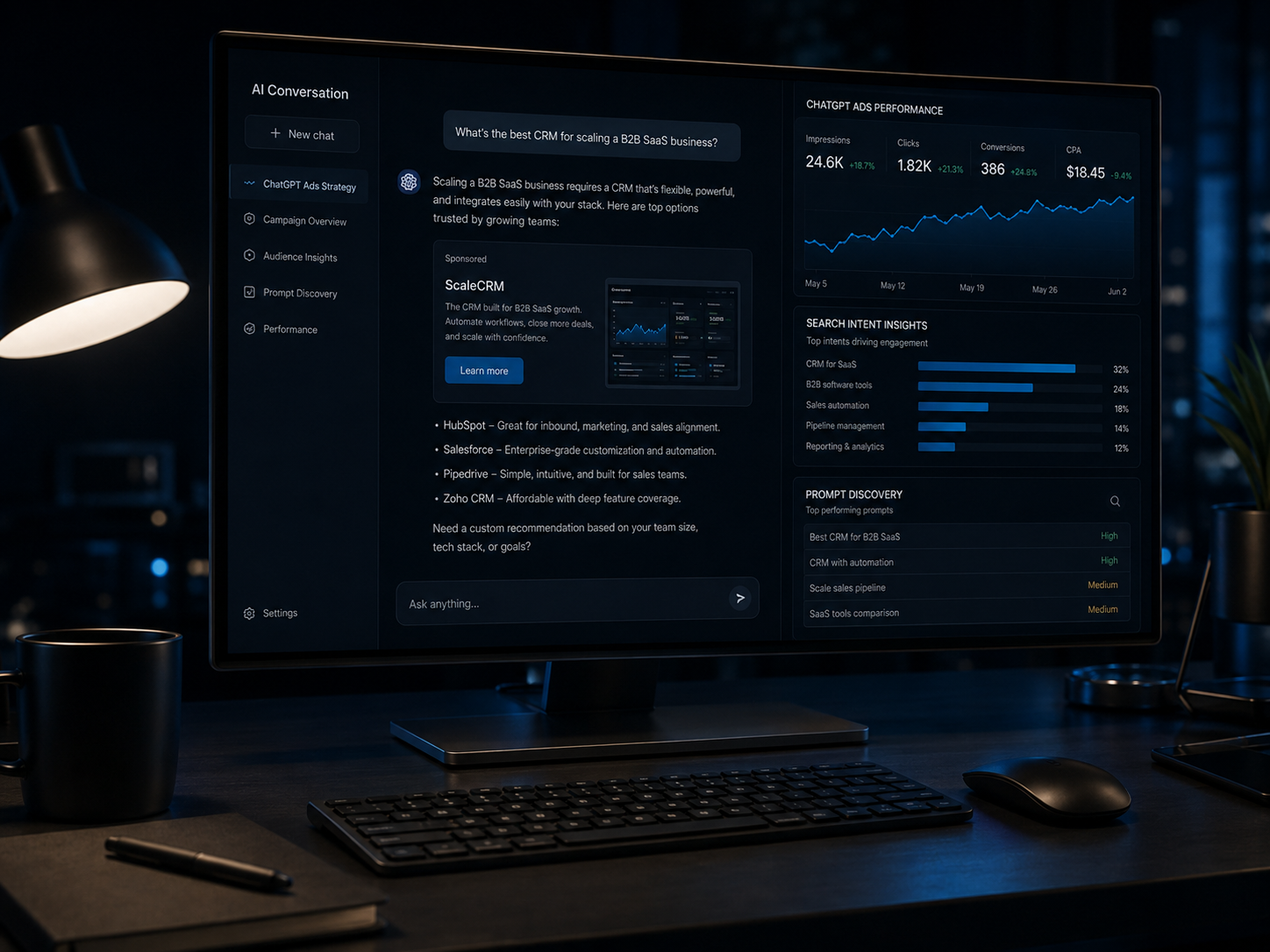 ChatGPT-style interface showing prompt searches, sponsored placement, audience intent panels and campaign performance metrics.