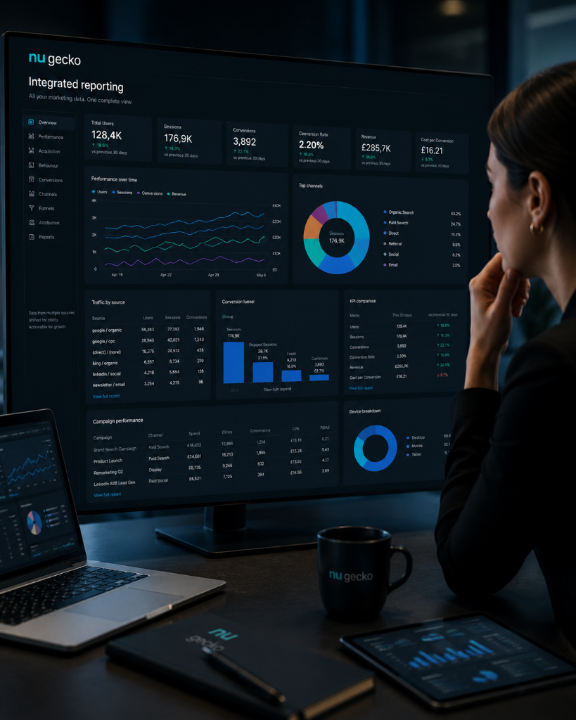 Close-up analytics image showing performance charts, channel comparisons and reporting insight.
