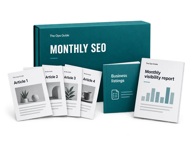 Monthly SEO kit with article pages, a business listings booklet, and a monthly visibility report.