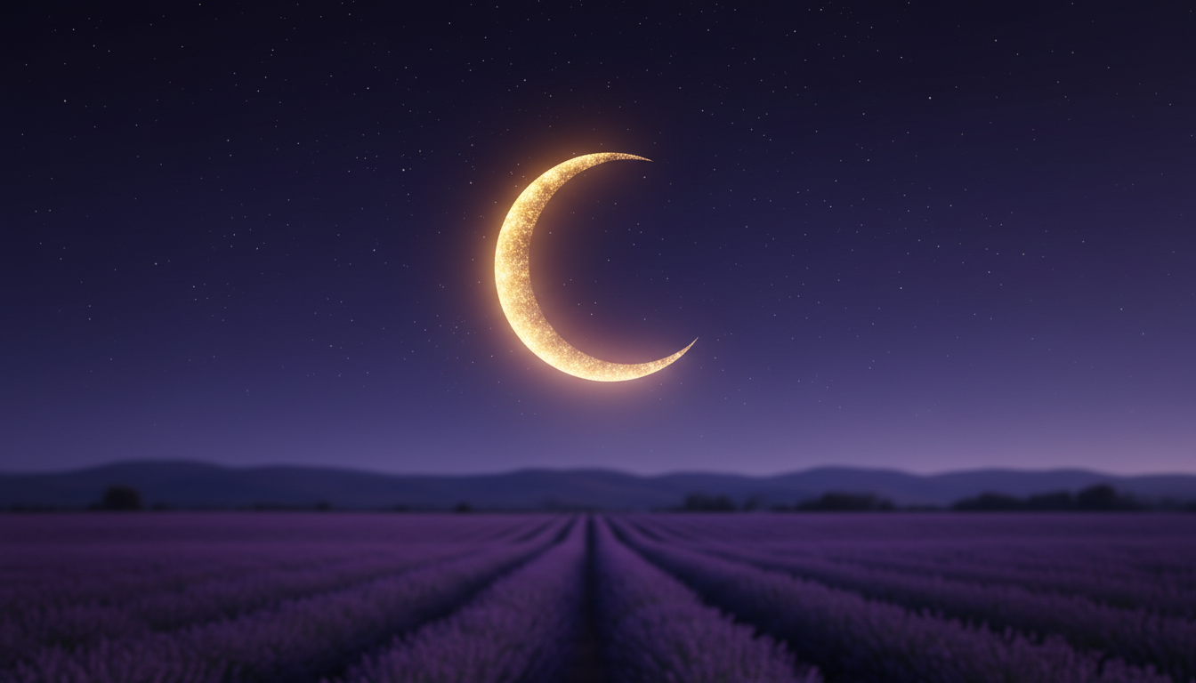 Luna creciente dorada sobre cielo violeta