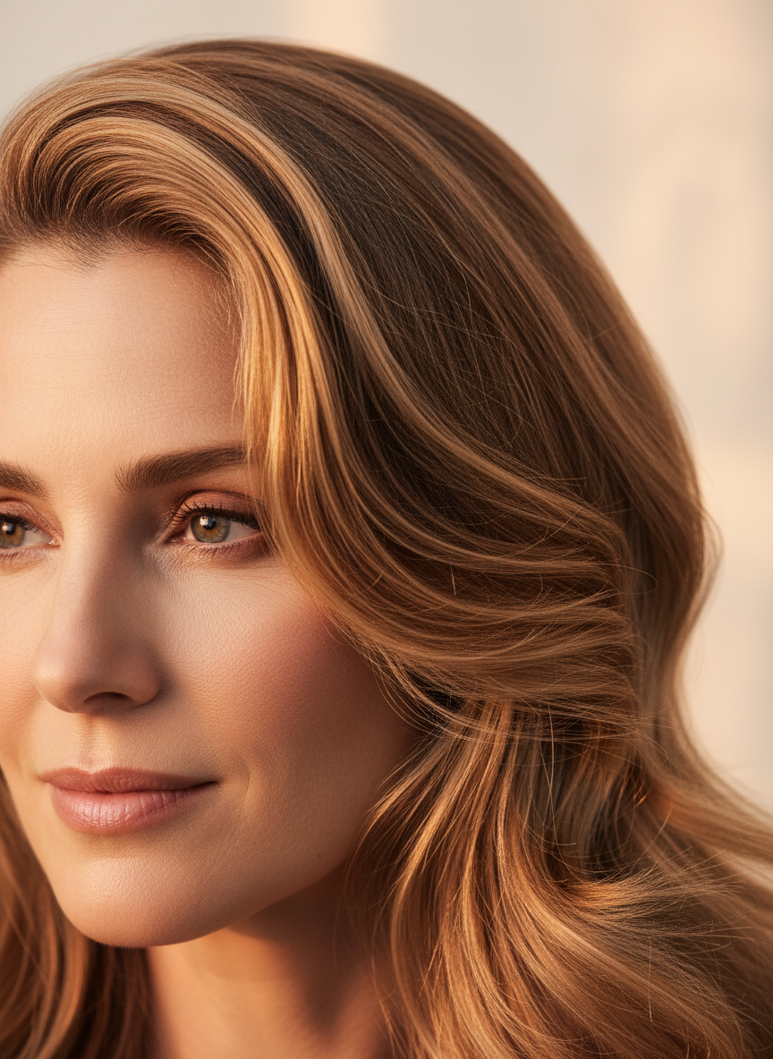 Beautiful woman with voluminous styled hair in golden hour lighting, showcasing the natural beauty of a hair topper