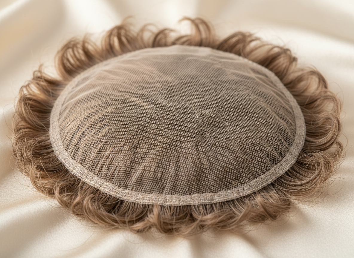 Macro detail of a premium monofilament hair topper base showing hand-tied individual hair strands on silk fabric
