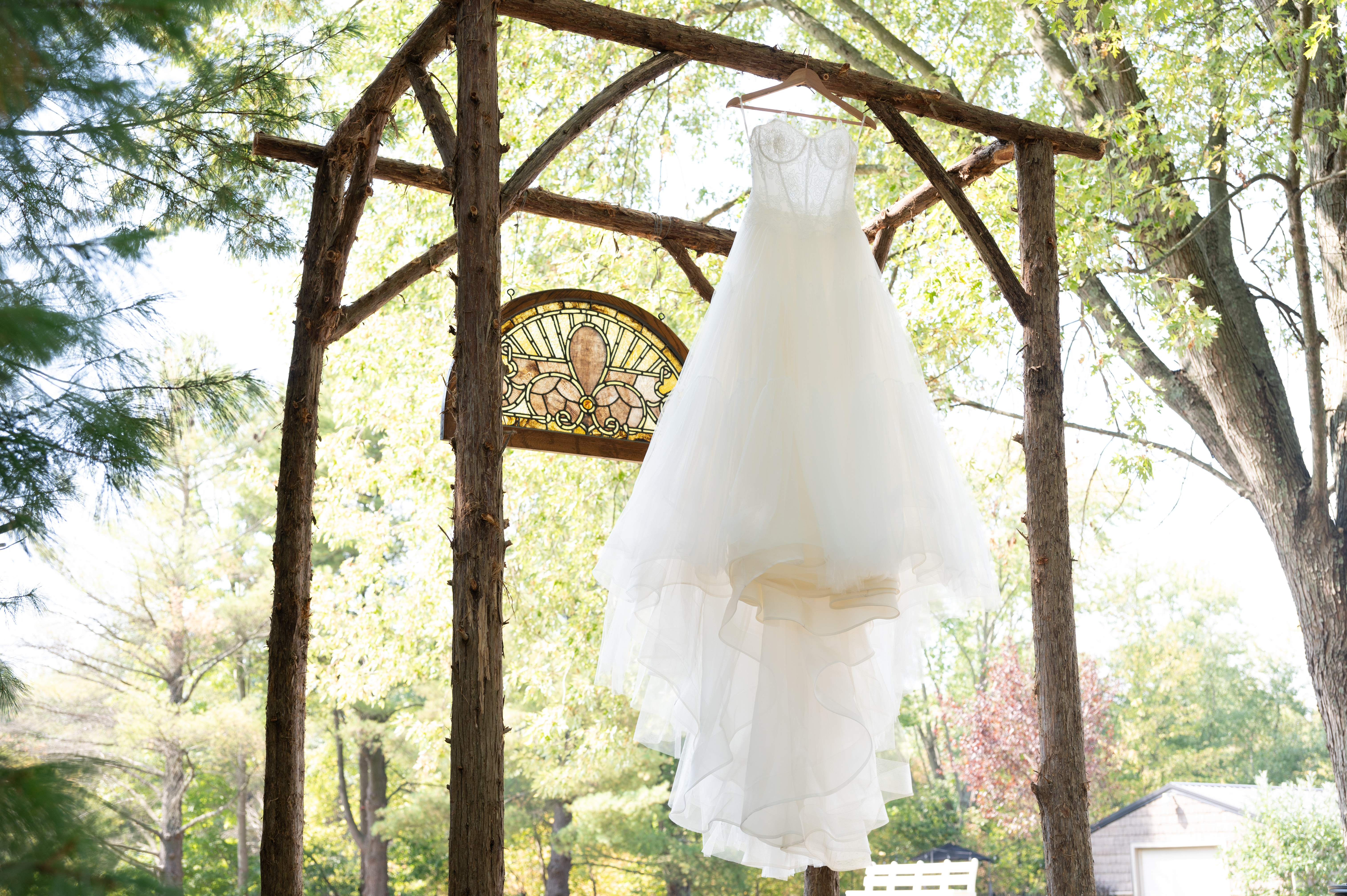 Wedding dress hanging before the ceremony