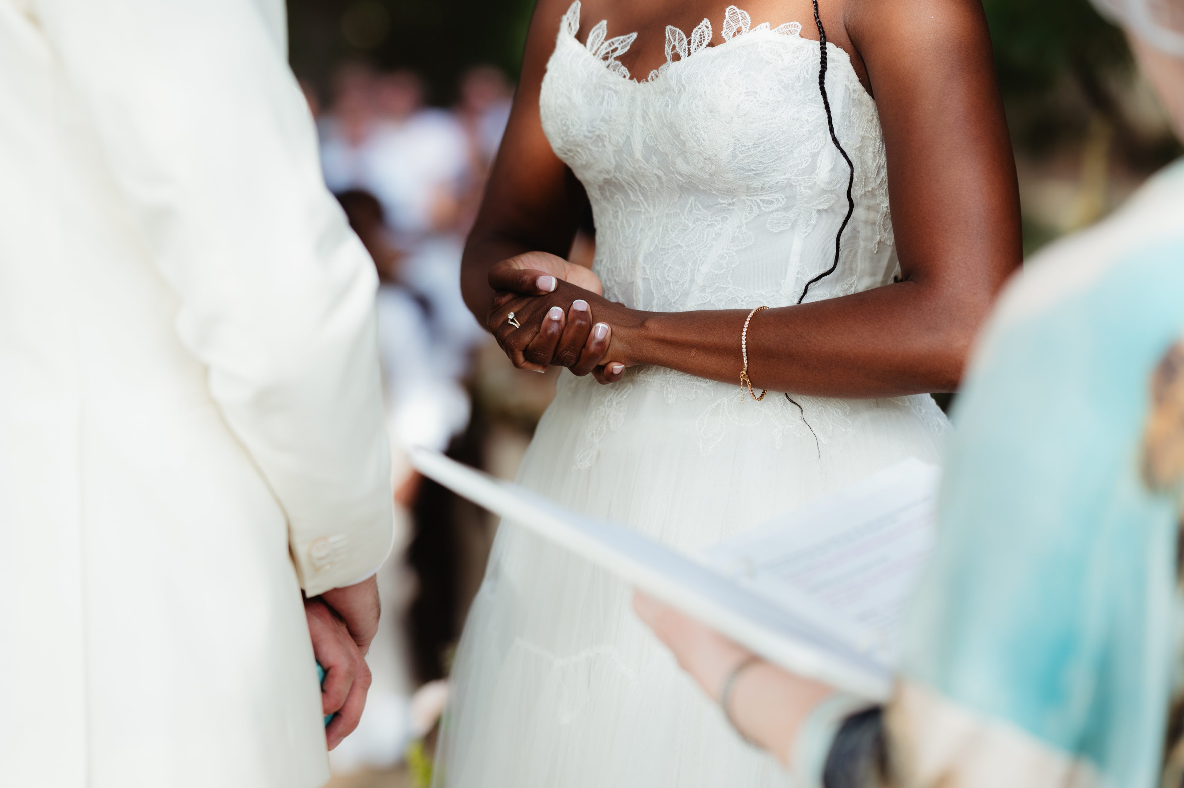 Bride's hands clasped with wedding rings