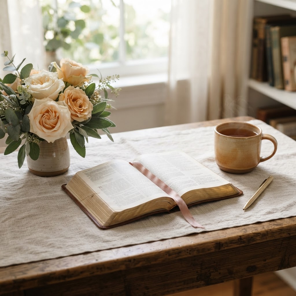 Open Bible devotional still life in soft morning light