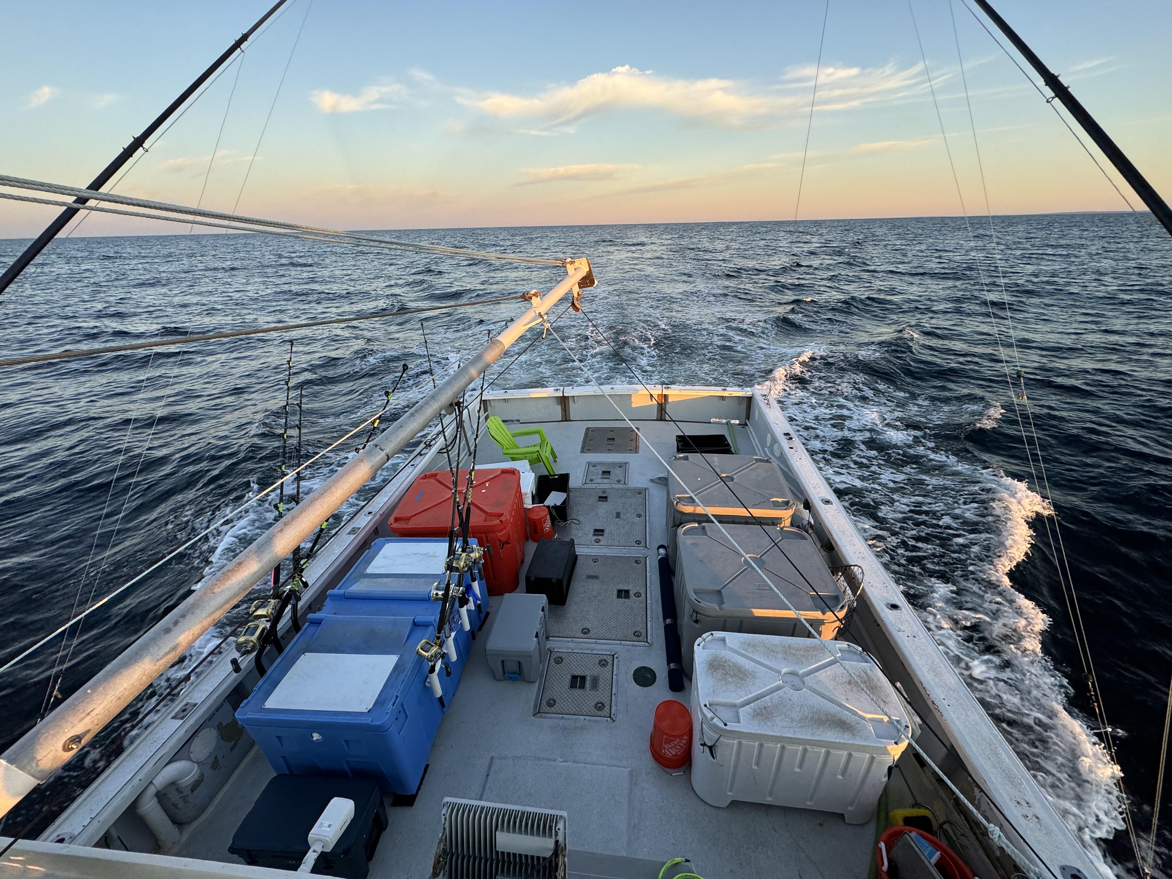 Aft deck underway at sunset