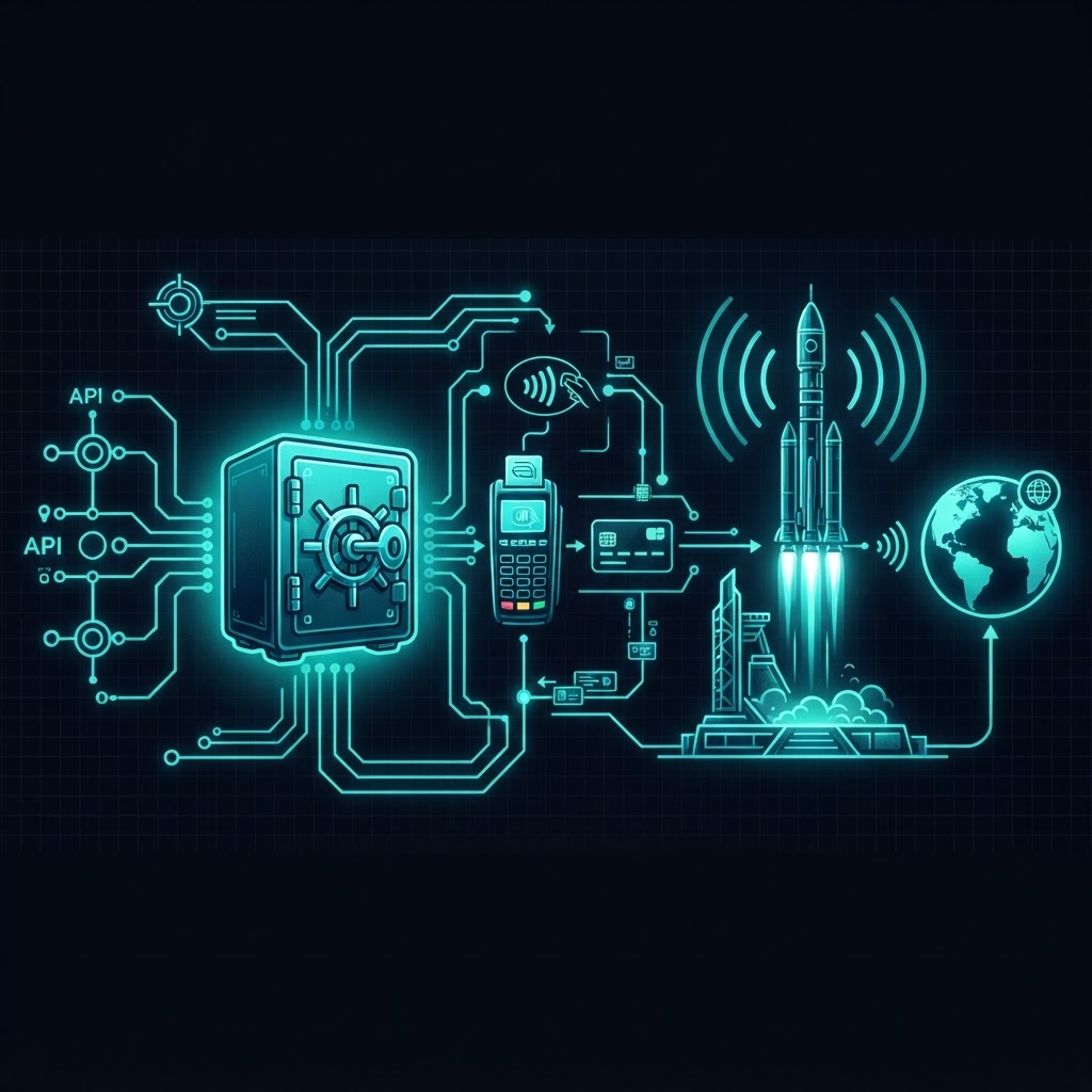 Technical diagram of APIs, a key vault, payments and a rocket launch in glowing teal neon