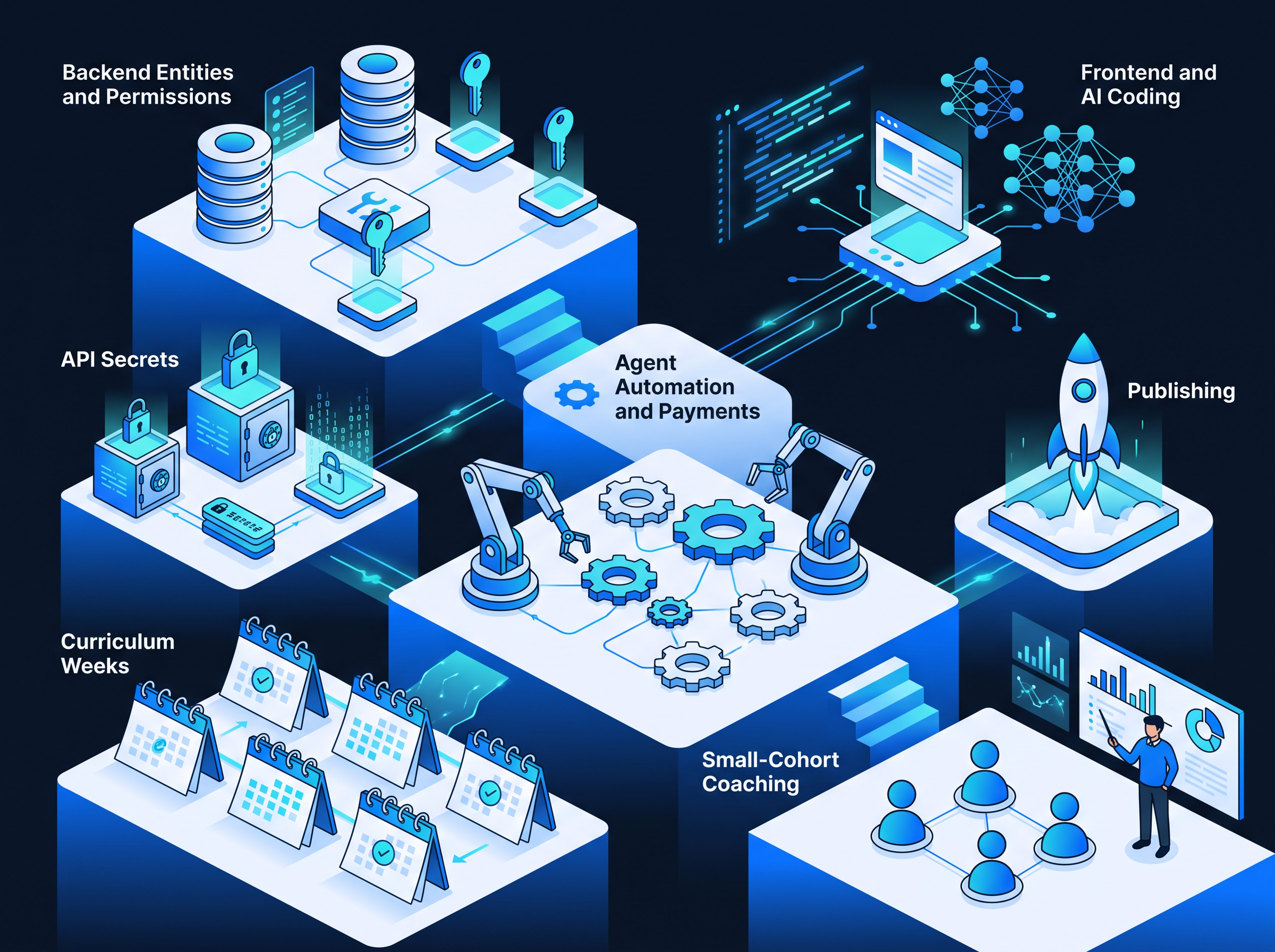 XR Vibe Coding course blueprint — backend entities and permissions, frontend and AI coding, API secrets, agent automation and payments, curriculum weeks, publishing and small-cohort coaching
