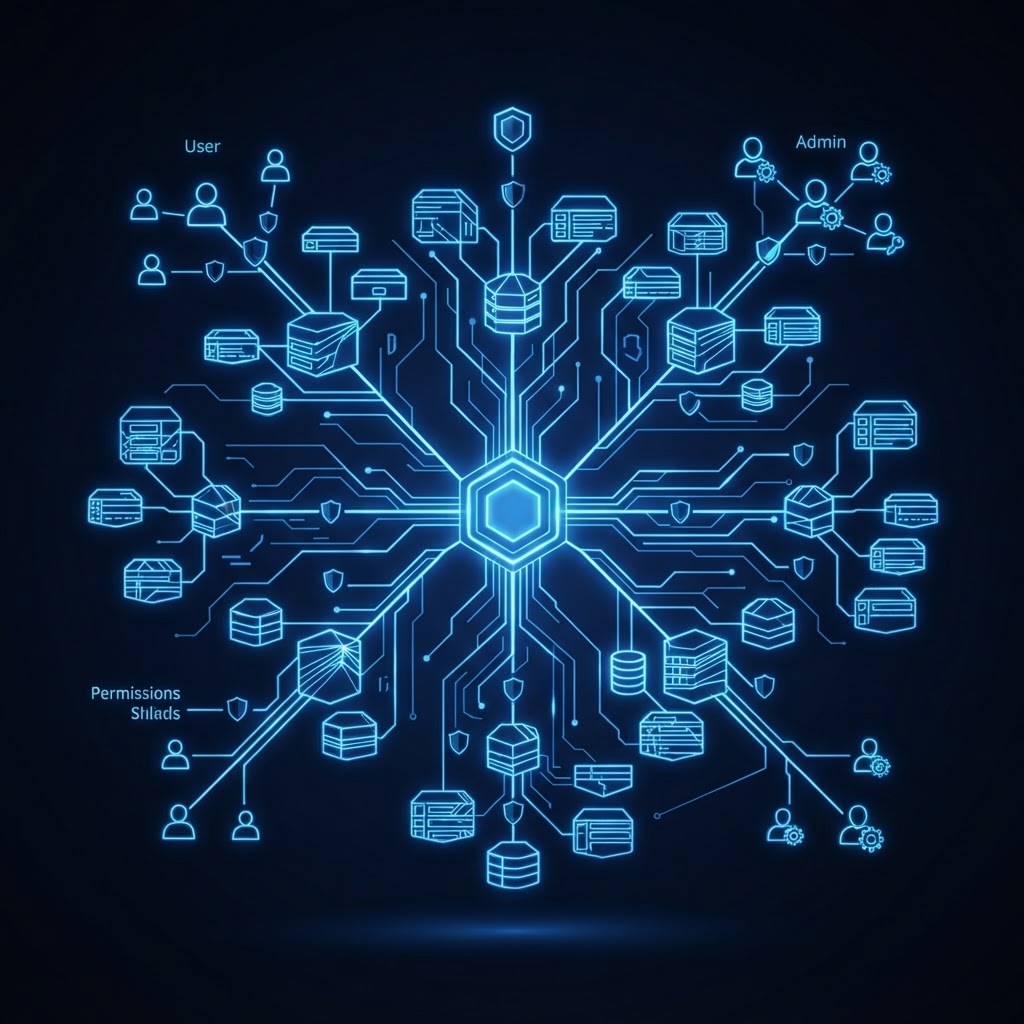Technical diagram of a backend: connected database entities, data hub, roles and permission shields in glowing blue neon