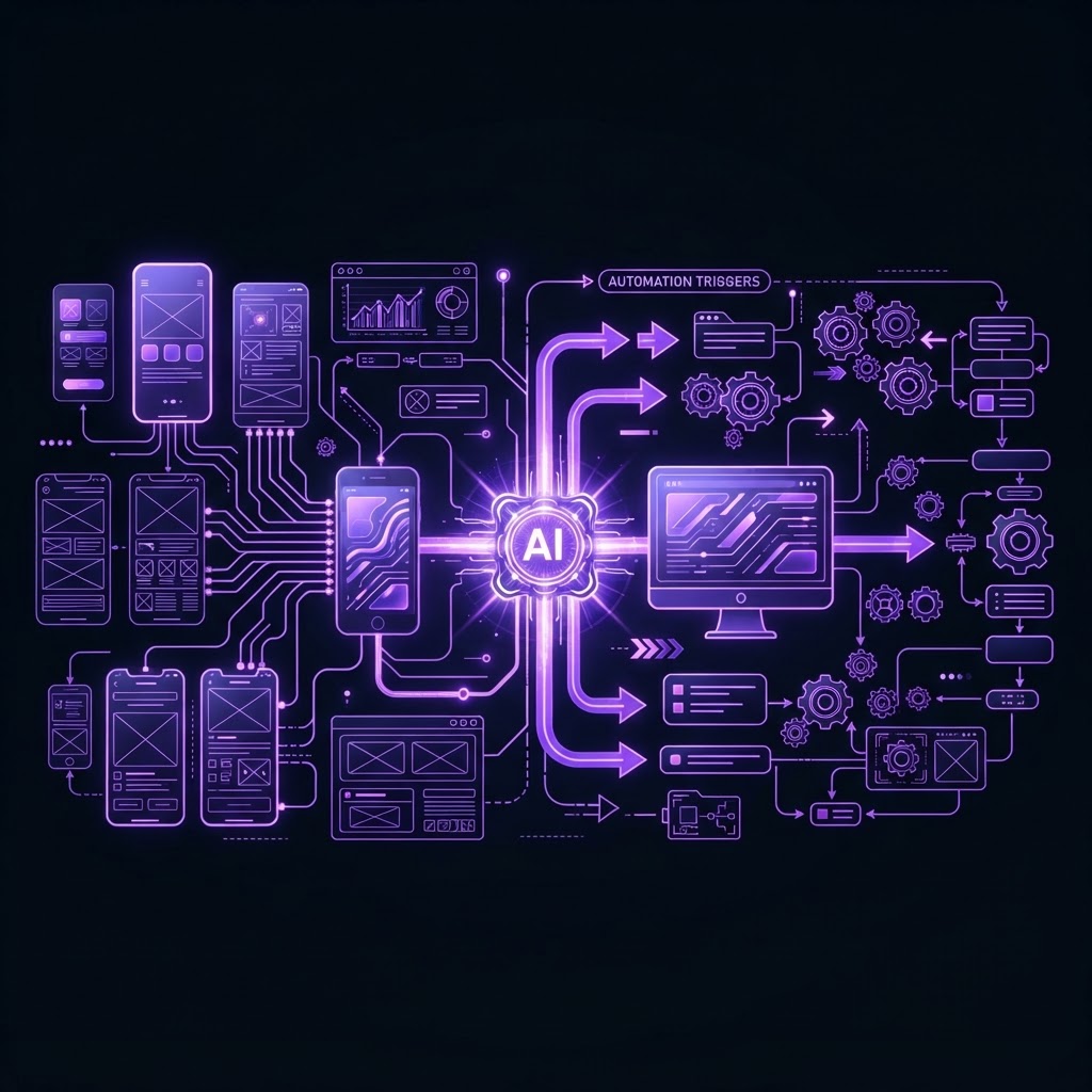 Technical diagram of a premium UI, an AI agent core and automation triggers in glowing purple neon