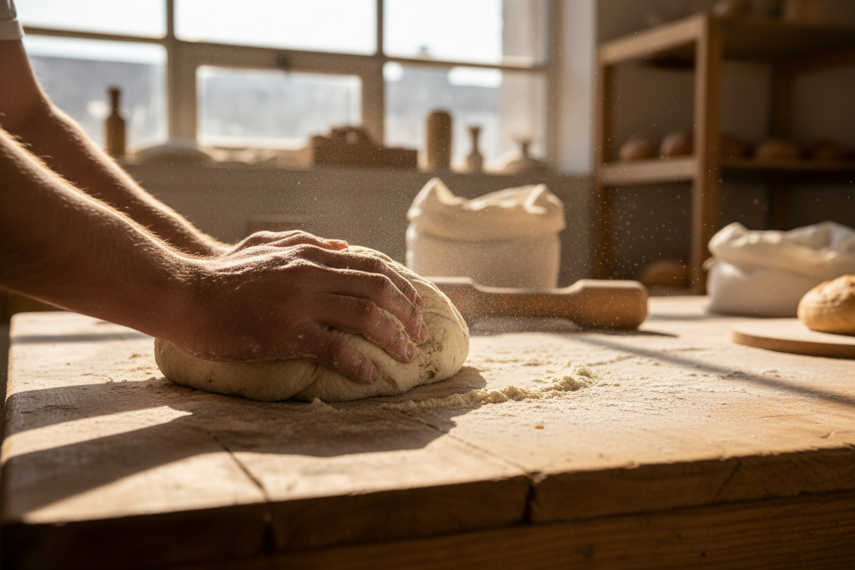 Hands kneading artisan bread dough