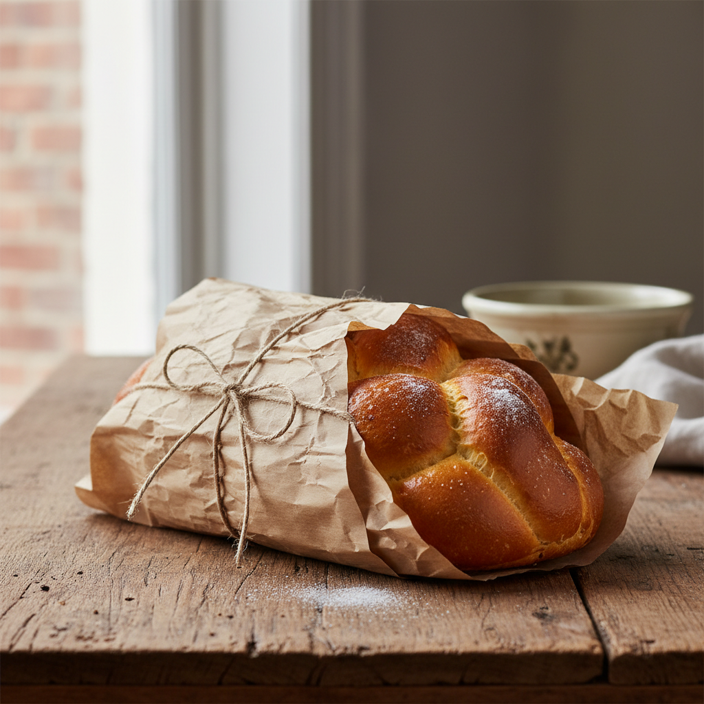 Freshly baked challah wrapped in brown paper with baker's twine