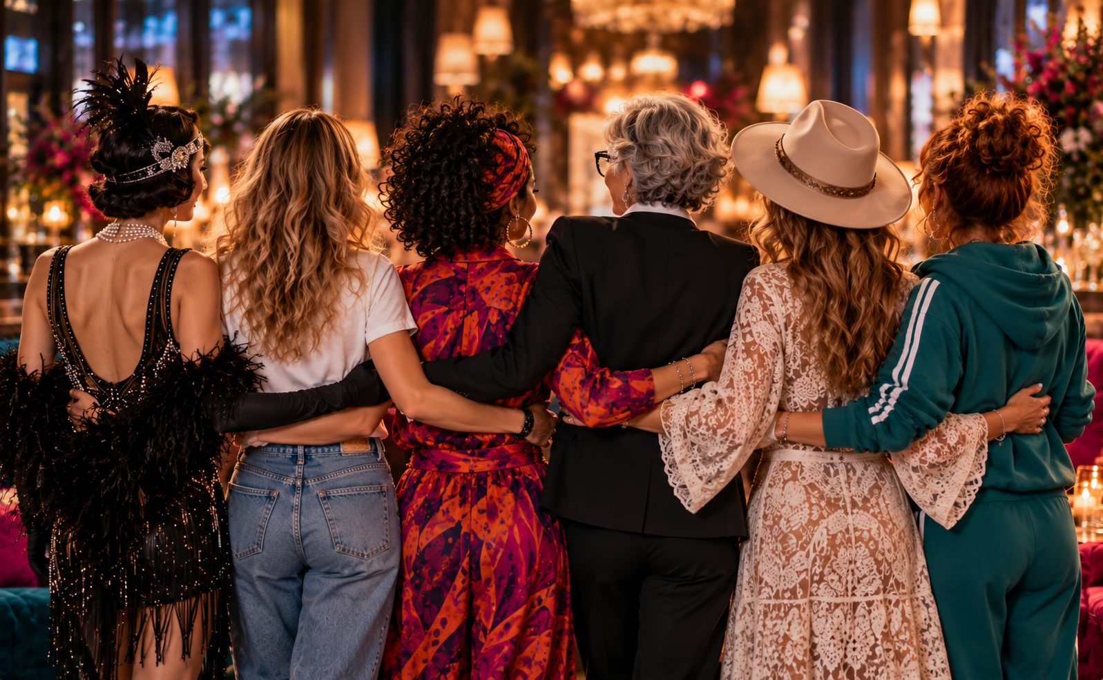 Sechs Frauen von hinten, Arm in Arm, in ganz unterschiedlicher Kleidung