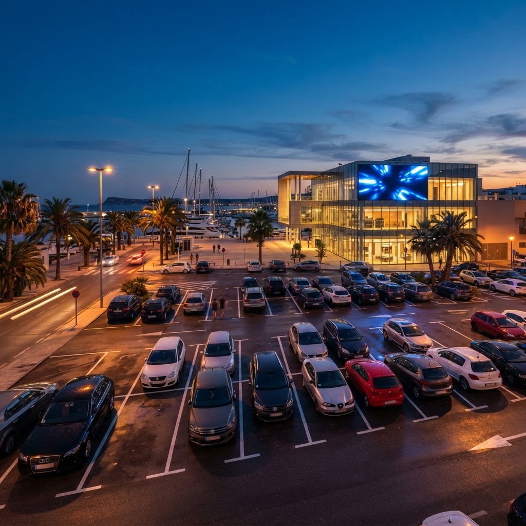 Parking del Portet junto al club, con plazas libres al atardecer
