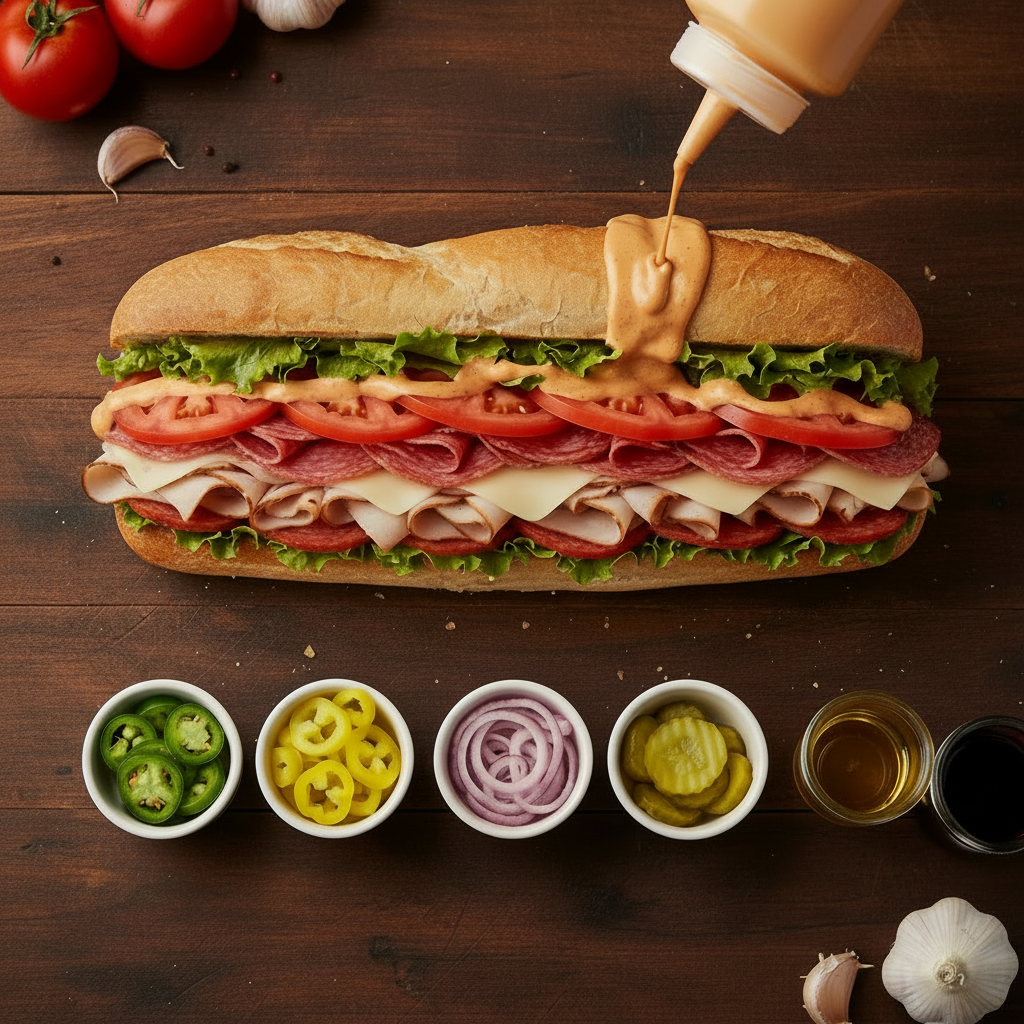 Speedy Subs sandwich with Speedy Sauce and standard included toppings