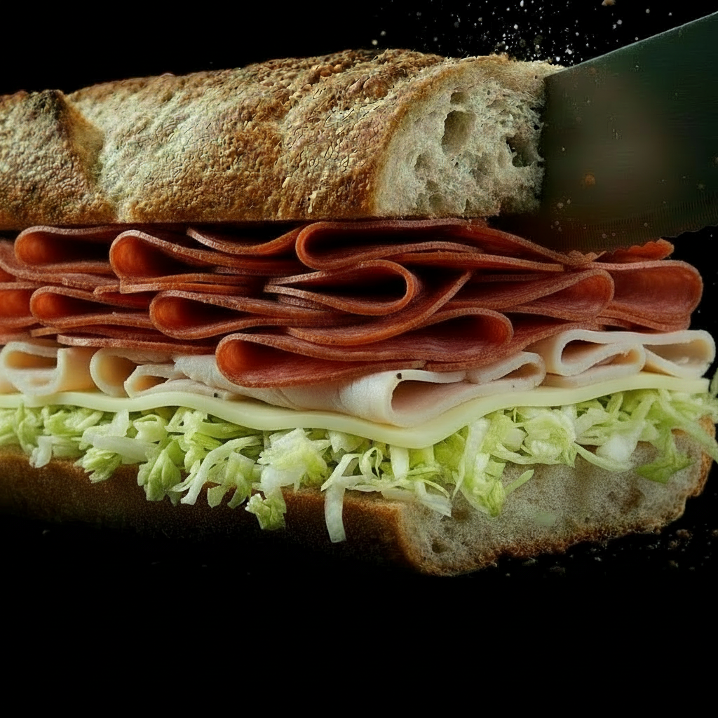 Artisan sandwich being assembled with fresh ingredients frozen in motion
