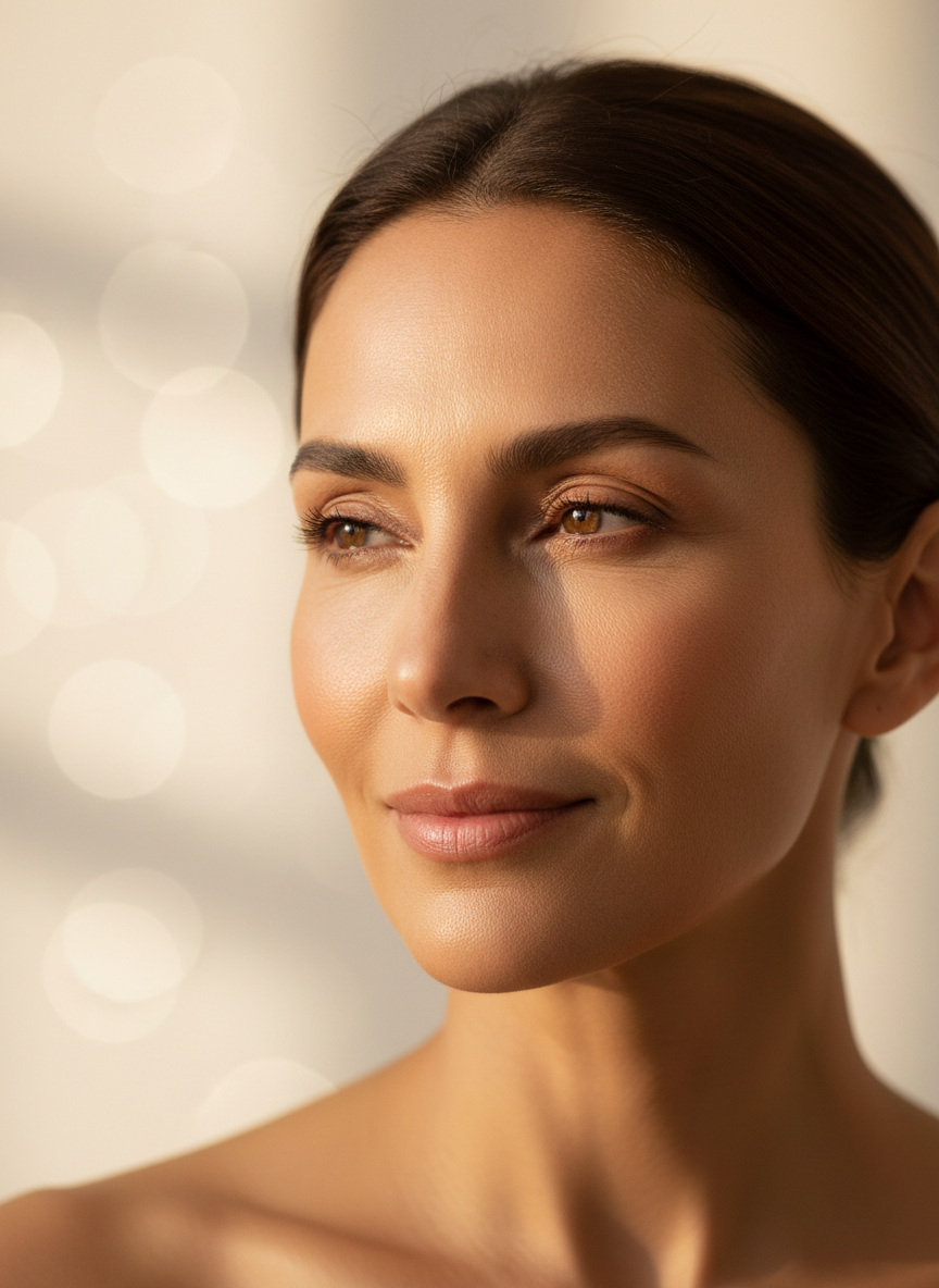 Confident woman with natural, radiant skin in golden hour light